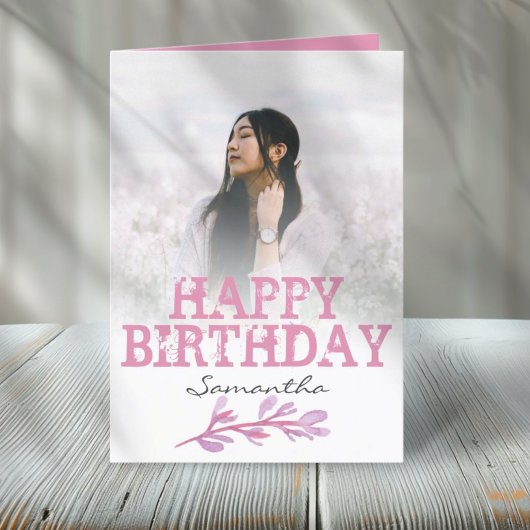 おしゃれなモダン ピンク フォト 水彩 誕生日 カード