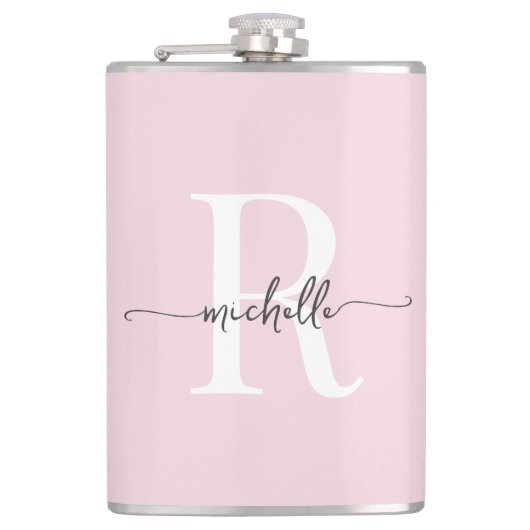 おしゃれなモダン ブラッシュピンクのイニシャル名 フラスク (正面)