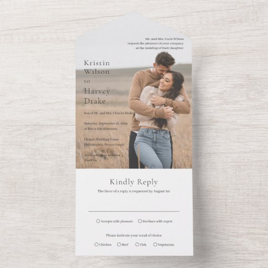 おしゃれなモノクロ写真 現代の結婚式 オールインワン招待状 (内側)