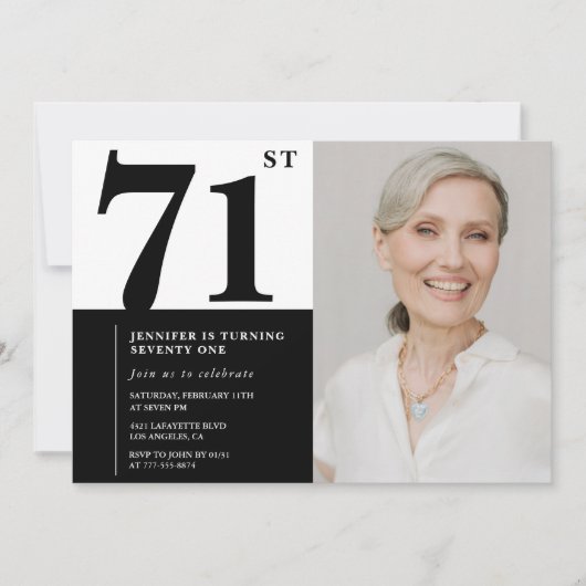 おしゃれなモノクロ写真 71歳の誕生日 招待状 (正面)