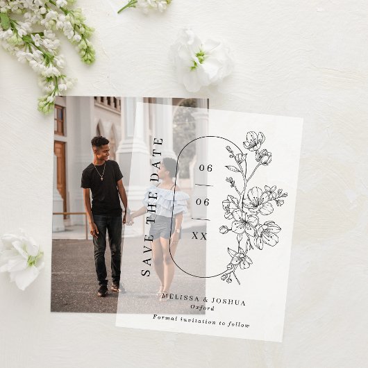 おしゃれなモノクロ桜の花の結婚式Save the Date ベラム紙招待状