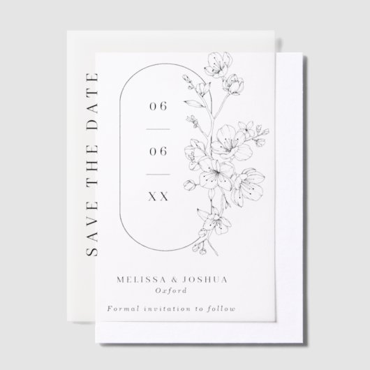 おしゃれなモノクロ桜の花の結婚式Save the Date ベラム紙招待状 (オフセット)