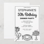 おしゃれなモノクロ 50歳の誕生日ディナー パーティー 招待状 (正面/裏面)