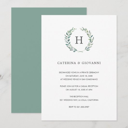 おしゃれなモノグラムのグリーンと自然なウェディング レセプション 招待状 (正面/裏面)