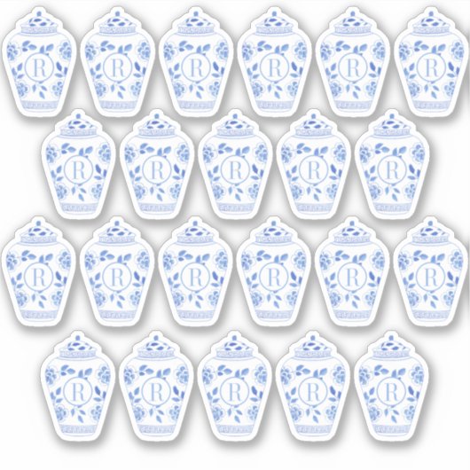 おしゃれなモノグラムの青と白のジンジャージャー シール (正面)