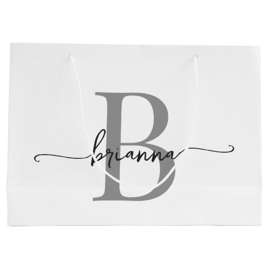 おしゃれなモノグラムイニシャルスクリプト 現代的な白と灰色 ラージペーパーバッグ (裏面)