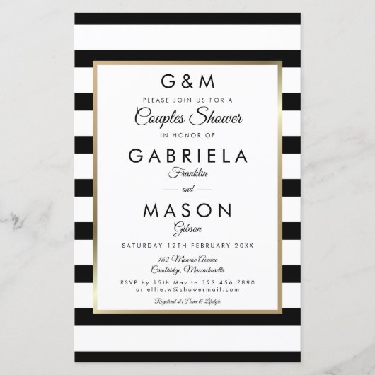 おしゃれなモノグラムストライプ カップルシャワー招待状 (正面)