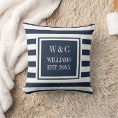 おしゃれなモノグラム ネイビーブルー ホワイト ストライプ クッション (ブランケット)