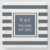 おしゃれなモノグラム ネイビーブルー 白 ストライプ ストーンコースター (正面)