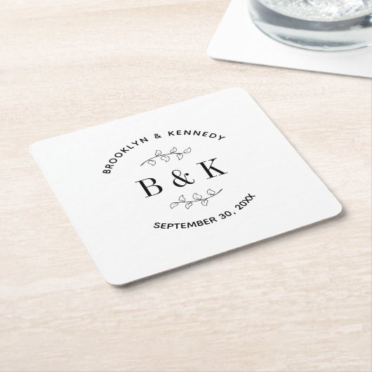 おしゃれなモノグラム フラワー ボタニカル 結婚式 カップル名 スクエアペーパーコースター (アングル)