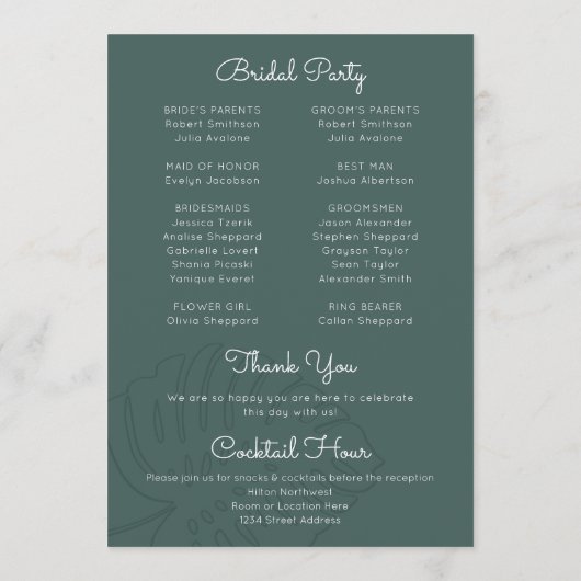 おしゃれなモンステラの葉のビーチアイランドウェディングプログラム プログラム (裏面)