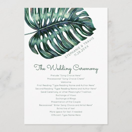 おしゃれなモンステラの葉のビーチアイランドウェディングプログラム プログラム (正面)