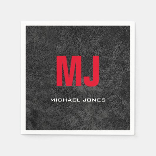 おしゃれなユニークなグレーと赤のモノグラム あなたの名前 スタンダードカクテルナプキン (正面)