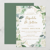 おしゃれなユーカリの白いバラ スペイン語のブライズシャワー 招待状 (正面/裏面)