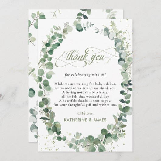 おしゃれなユーカリグリーンのベイビーシャワーお誕生日会 サンキューカード (正面/裏面)