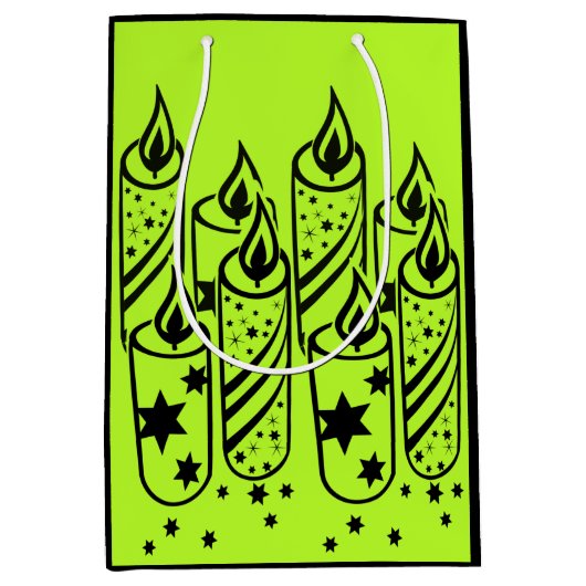 おしゃれなライムグリーンとブラックのキャンドル - クリスマス ミディアムペーパーバッグ (正面)