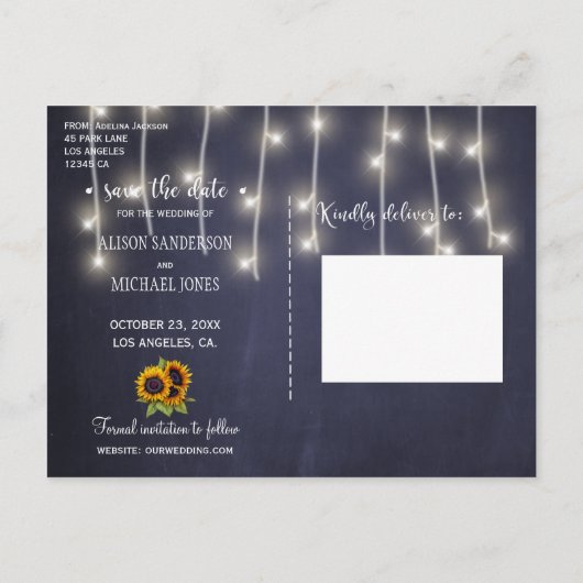 おしゃれなラスティックなひまわりのウェディング・セーブ・ザ・デート写真 案内ポストカード (裏面)