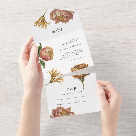 おしゃれなラスティック フラワーの結婚式  オールインワン招待状 (貼ってはがせる)