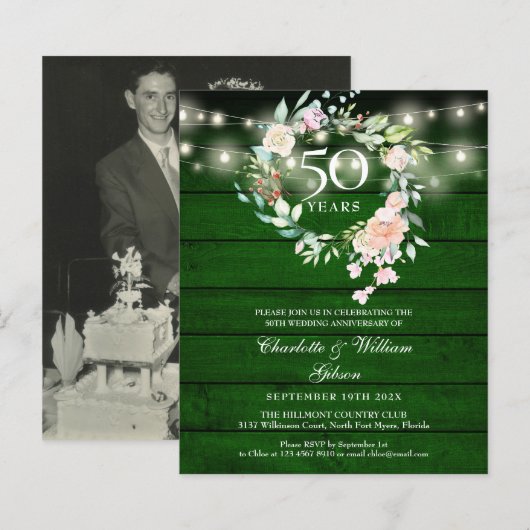 おしゃれなラスティック フラワー 50周年 フォト 招待状 (正面/裏面)