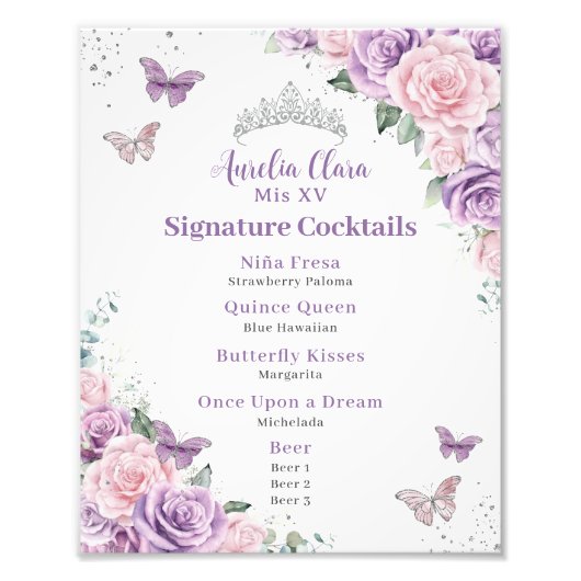 おしゃれなラベンダー ピンクの花のキンチャネラ バーのドリンク メニュー フォトプリント (正面)