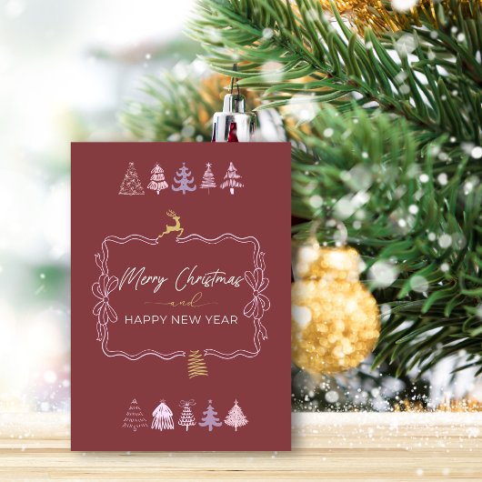 おしゃれなリボン&ツリーの落書き ディープクリムゾン ホリデーカード