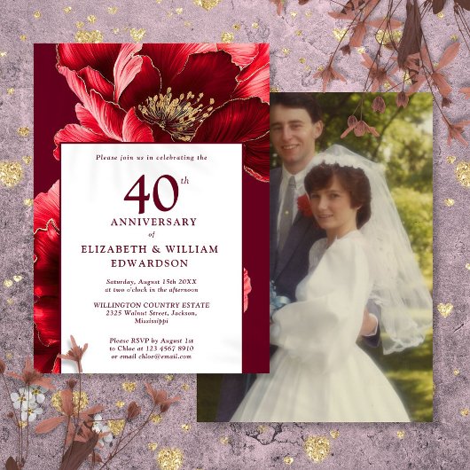 おしゃれなルビーレッドの花柄 40周年記念写真 招待状