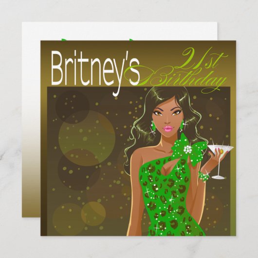 おしゃれなレディ バースデー カクテル オリーブ/グリーン 招待状 (正面/裏面)