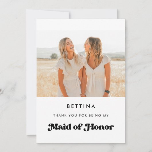 おしゃれなレトロな花嫁の介添え人への感謝の写真カード 招待状 (正面)