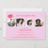 おしゃれなレトロスタイルのホットピンクの卒業式スクリプト 3枚の写真 招待状 (正面)