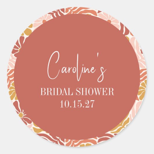 おしゃれなレトロピンクサビ色花柄オーダーメイド ブライダルシャワー ラウンドシール (正面)