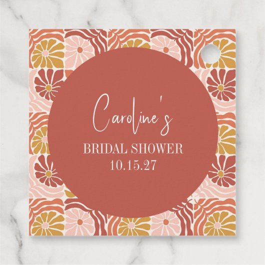 おしゃれなレトロピンクサビ花柄オーダーメイド ブライダルシャワー フェイバータグ (裏面)