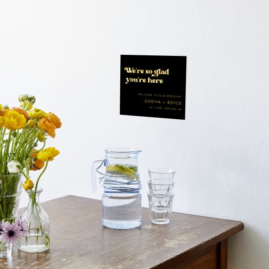 おしゃれなレトロブラックとゴールド  こちらに来てくださってとても嬉しいです 箔ポスター (レイダウン (キッチン))