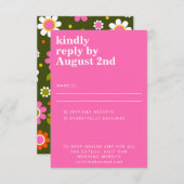 おしゃれなレトロ60年代の花柄 ブライトピンクとグリーン 結婚式 出欠カード (正面/裏面)