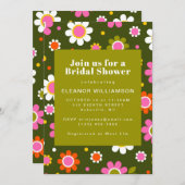 おしゃれなレトロ60年代の花 オリーブグリーンの花嫁のシャワー 招待状 (正面/裏面)