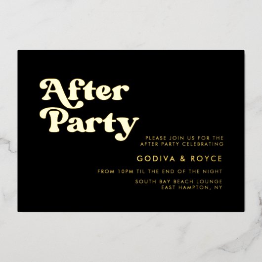 おしゃれなレトロ ブラック＆ゴールドの結婚式アフターパーティー 箔招待状 (正面)