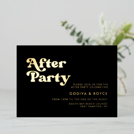 おしゃれなレトロ ブラック＆ゴールドの結婚式アフターパーティー 箔招待状 (立ち正面)