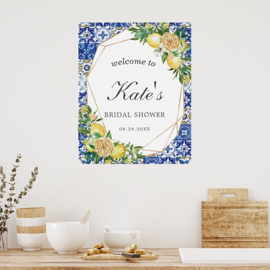 おしゃれなレモン花柄幾何学模様のウェディングシャワーのお出迎え ポスター (キッチン)