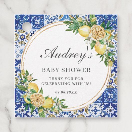 おしゃれなレモン フラワーリーフ ベビーシャワー 感謝カード フェイバータグ (正面)