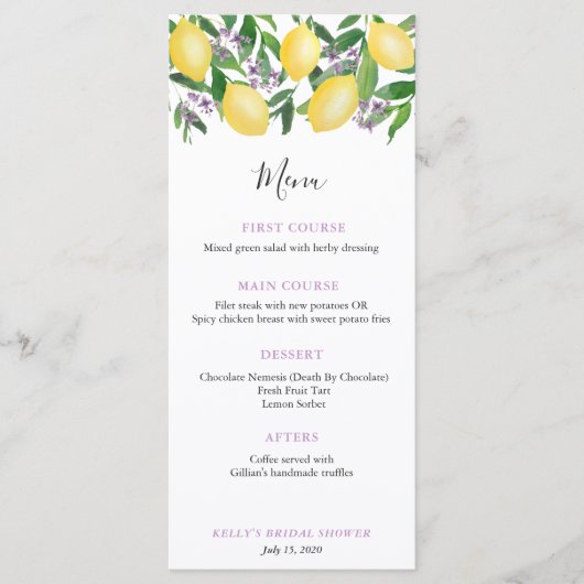 おしゃれなレモン ラベンダー ウェディングシャワー ランチョン メニュー (正面)
