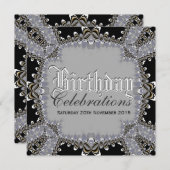 おしゃれなレース ブラック+グレー 誕生日パーティー招待状 招待状 (正面/裏面)