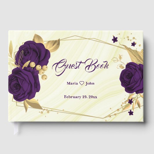 おしゃれなロイヤルパープルの花模様に金の葉の幾何学模様 ゲストブック (正面)