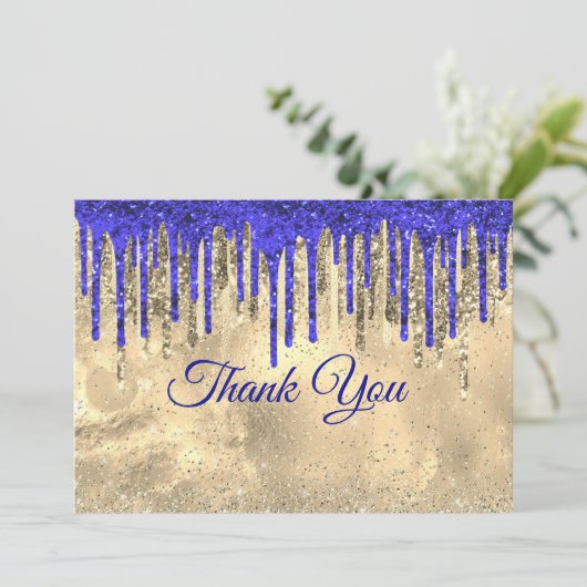 おしゃれなロイヤルブルーゴールドグリッターが垂れる サンキューカード (スタンド正面)