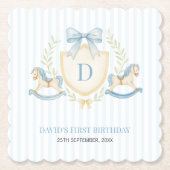 おしゃれなロッキングホースの男の子　１歳の誕生日 ペーパーコースター (正面)