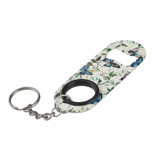 おしゃれなロマンチックブルーバタフライのウェディングシャワー キーホルダー栓抜き (正面アングル)