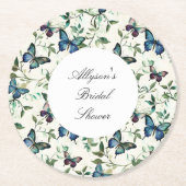 おしゃれなロマンチックブルーバタフライのウェディングシャワー ラウンドペーパーコースター (正面)