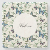 おしゃれなロマンチックブルーバタフライブライダルシャワー ストーンコースター (正面)