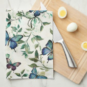 おしゃれなロマンチックブルーバタフライ ブライダルシャワー キッチンタオル (四つ折り)