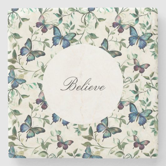 おしゃれなロマンチックブルーバタフライ ブライダルシャワー ストーンコースター (正面)