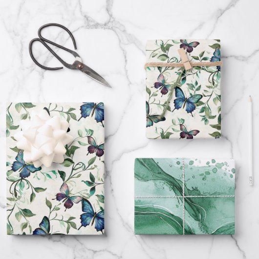 おしゃれなロマンチックブルーバタフライ ブライダルシャワー ラッピングペーパーシート (正面)