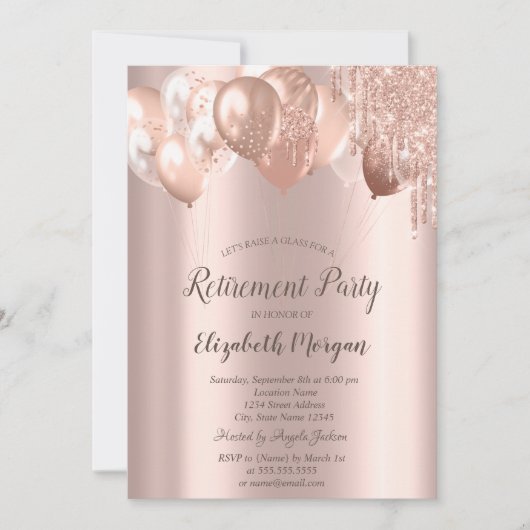 おしゃれなローズゴールドのグリッターが垂れる風船の引退 招待状 (正面)